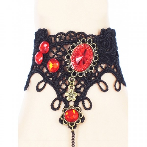 Faux Ruby Lace Bracelet with Spider Ring 