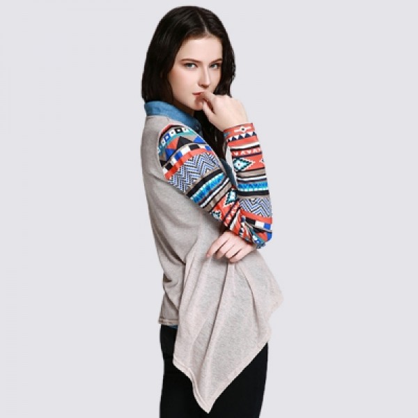 Open Front Collarless Printed Asymmetric Cardigan 