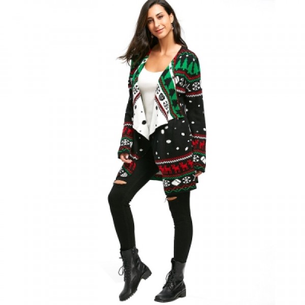 Christmas Graphic Tunic Knitted Draped Cardigan 