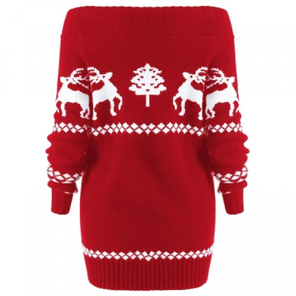 Off The Shoulder Knit Tunic Reindeer Sweater 