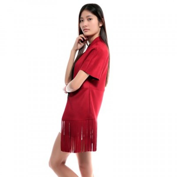 Stand Collar Short Sleeve Color Fringed Coat For Women 