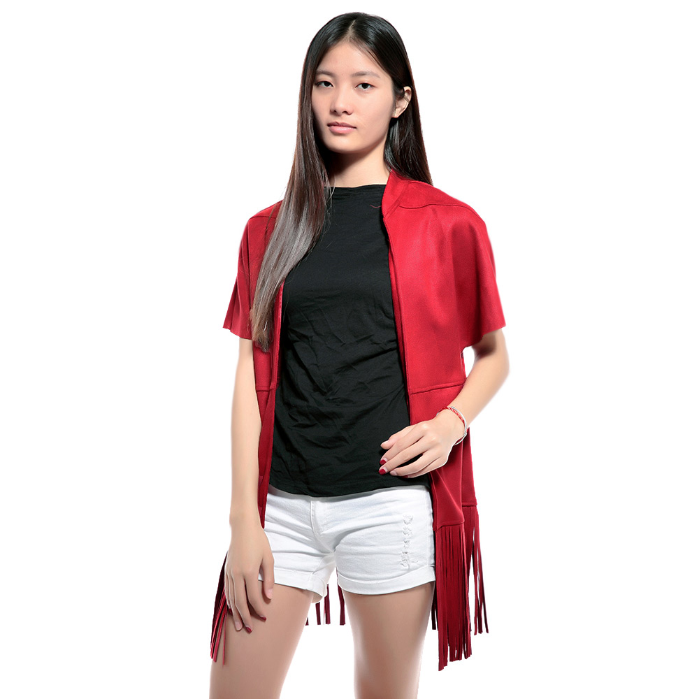 Stylish Stand Collar Short Sleeve Color Fringed Women's Coat